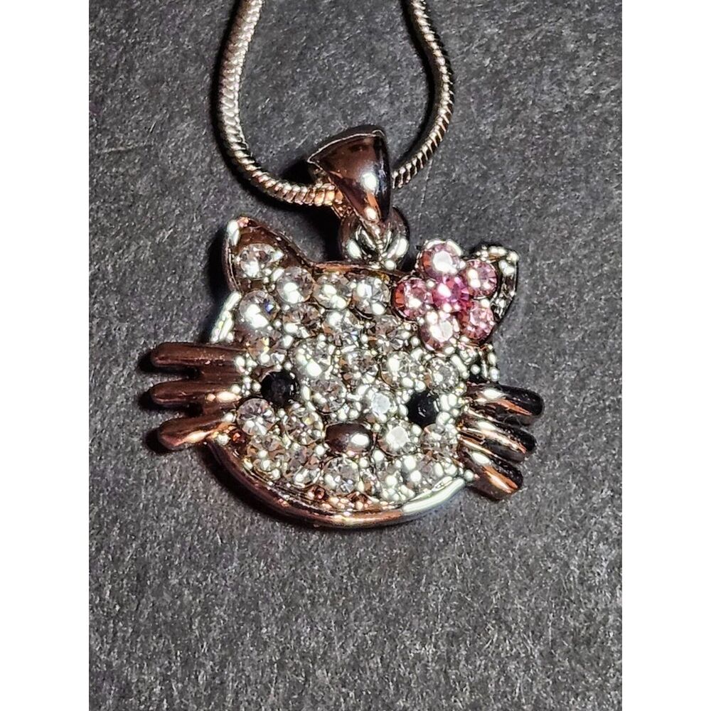 Hello Kitty silver tone rhinestone pendant necklace 16"